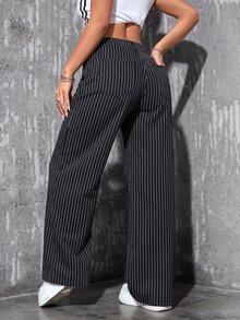SHEIN PETITE 女款條紋口袋寬腿寬鬆休閒牛仔褲 - 黑色 - 查看 2