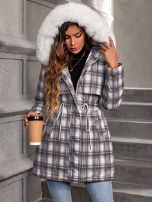 Aveloria Modichic 女款休閒純色抽繩收腰人造毛領連帽加厚棉襖外套，冬季穿著 - 彩色 - 查看 6