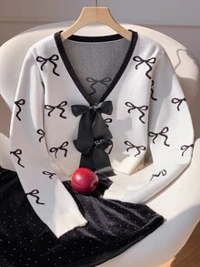 Comfortcana Women's Thin Cardigan Sweater With Bow Pattern And Bow Decor, Casual Fashion Creative Personalized Fresh Cute - White - View 8