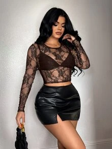 SHEIN SXY 女款蕾絲圓領長袖修身性感上衣 - 棕色 - 查看 9