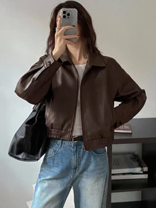 DAZY 春季新款做舊皮革短夾克 情人節女款常規外套 - 巧克力棕 - 查看 4
