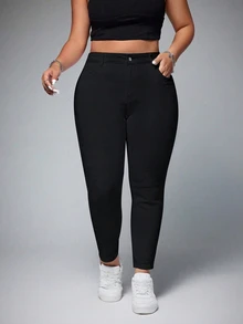 Jeanoix Celana Jeans Denim Skinny Kancing Serbaguna untuk Ukuran Plus - Hitam - View 6