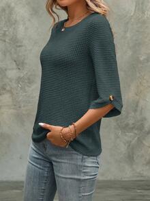 Linhara CURVE Women's Summer Casual Minimalist Round Neck Textured T-Shirt, Plus Size T-Shirt - Green - View 4