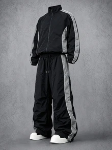 Manfinity Denimwave Men 2set Pieces Casual Tracksuit Set, Loose Color Block Zip Jacket And WideLeg Trousers, Lightweight Outfit For Outdoor Sports Street Style Daily Look - Black - View 5