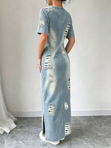 Elenzga Plus Size Women's Round Neck Split Hem Solid Color Short Sleeve Dress Maxi Women Outfit - Multicolor - View 2