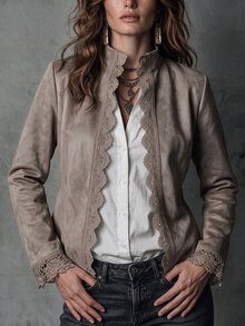 Solivie Women's Solid Color Contrast Lace Open Front Elegant Jacket - Mocha Brown - View 2