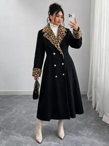 Elenzga Plus Size Women's New Leopard Print Patchwork Solid Color Wool Blend Mid-Length Coat, Autumn/Winter Overcoat, Fashion Coat, Mid-Length Coat, Overcoat - Black - View 8