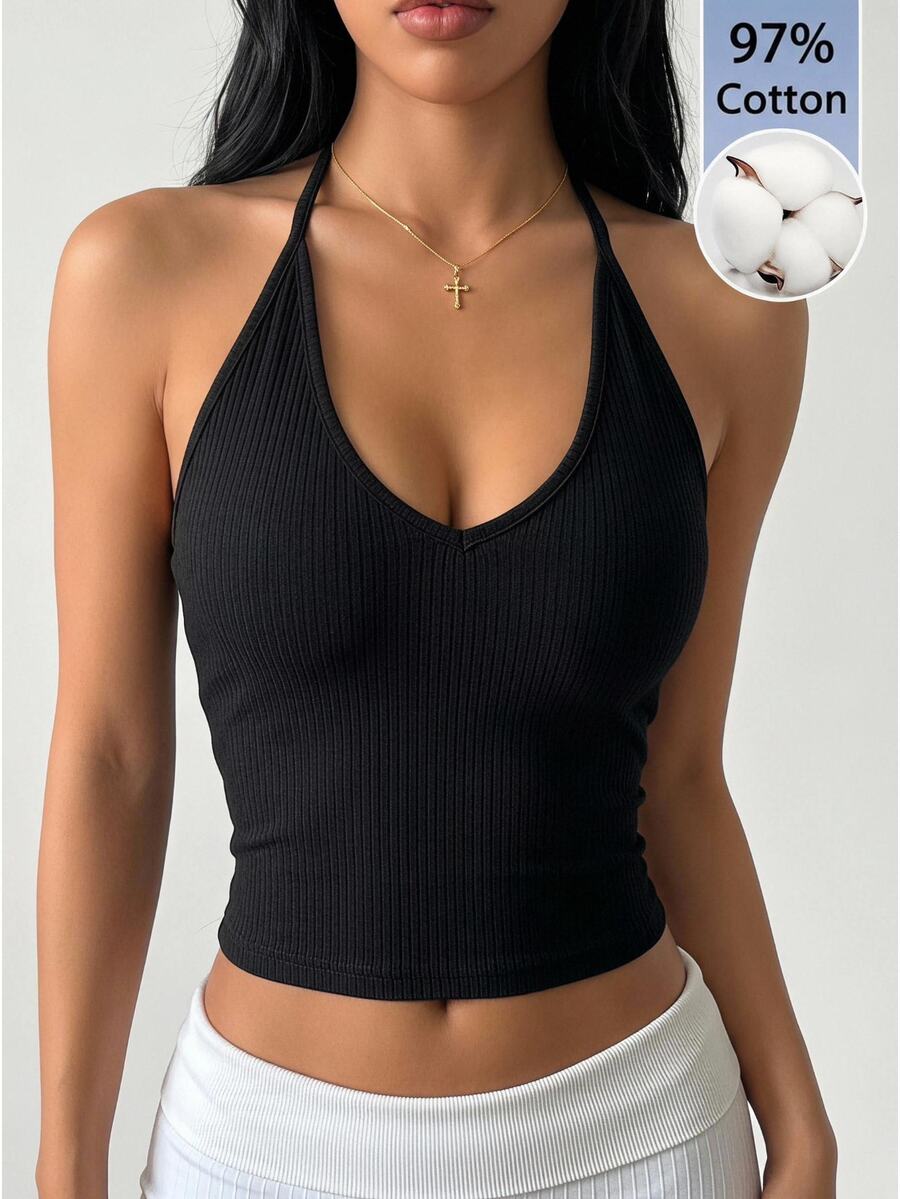SHEIN EZwear 女款羅紋休閒黑色針織掛脖背心 - 黑色 - 查看 1