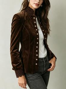 SHEIN Women's Elegant Velvet Fabric Lace Patchwork Commuter Party Casual Jacket - Brown - View 3