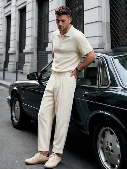 Manfinity CasualCool Men's Polo Collar Short Sleeve Top And Long Pants 2 Pieces Set, Minimalist Solid Color Design, Complete Outfit To Save Matching Hassle, Suitable For Daily Commute, Casual Outings, Short Trips And More. Versatile For Multiple Occasions, Whether For Daily Wear Or As A Gift For Men, It's A Great Choice, Formal