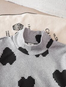 SHEIN Elladie kids 女童休閒T恤套裝，不對稱設計套頭高領深棕色針織羅紋布料袖子極地絨喇叭褲，2件套秋季 - 灰色 - 查看 4