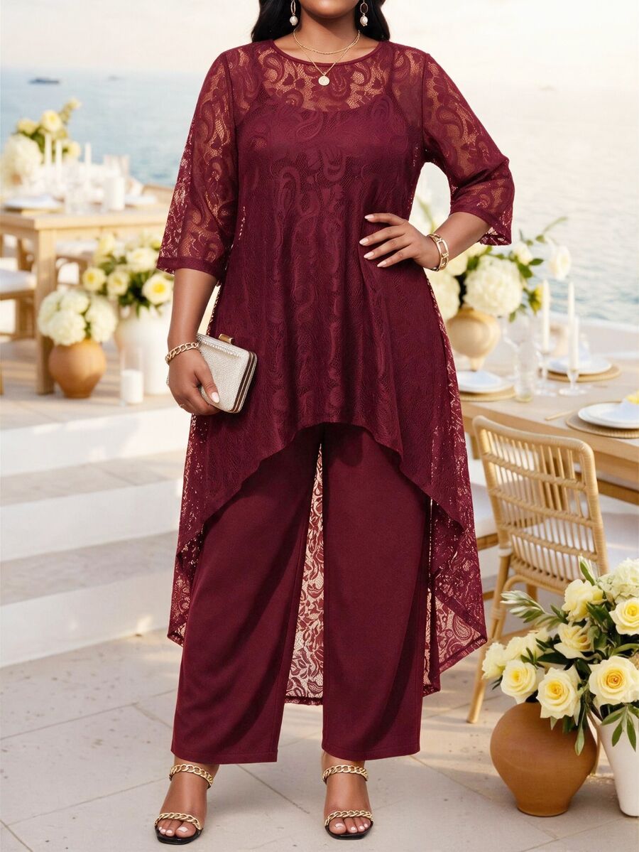 Fleurora Plus Size Women's Lace 3/4 Sleeve High Neck Hem Top And Wide Leg Pants Elegant 2 Pieces Set - Burgundy - View 1