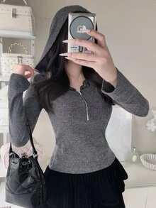 FRIFUL Women's Autumn Colorblock Contrast Lace Trim Hooded Metal Zipper Sweatshirt - Grey - View 1
