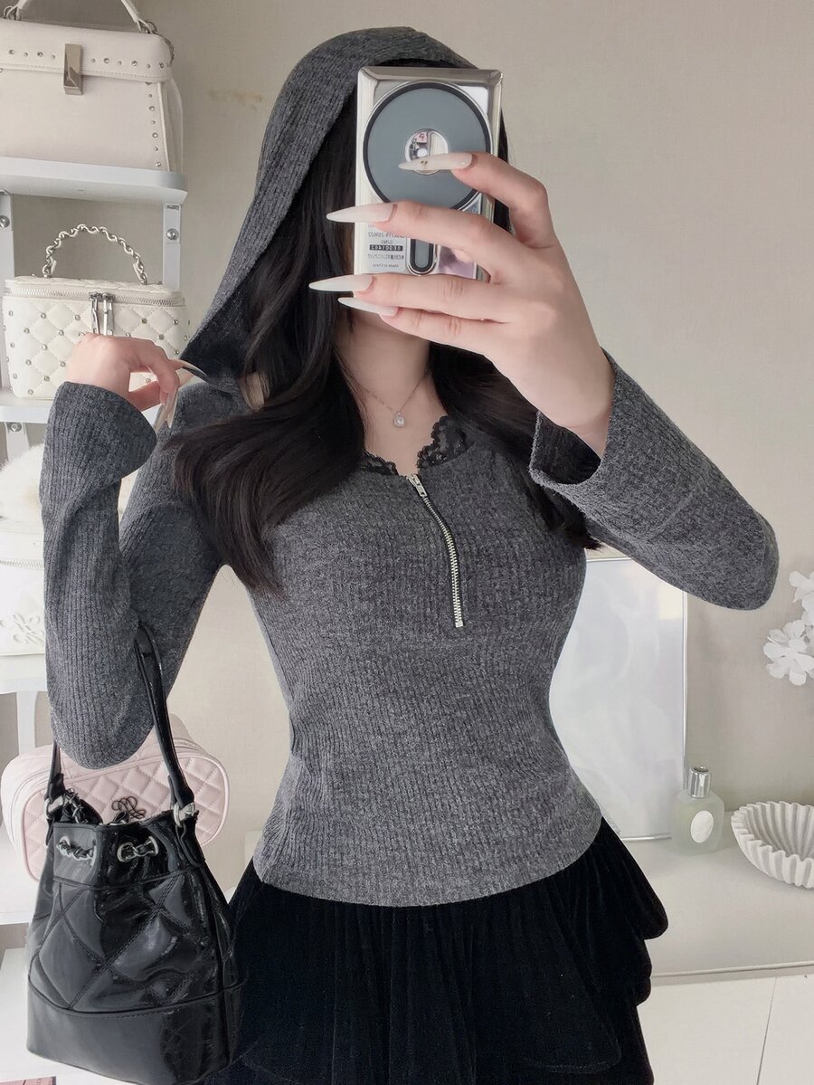 FRIFUL Women's Autumn Colorblock Contrast Lace Trim Hooded Metal Zipper Sweatshirt - Grey - View 1