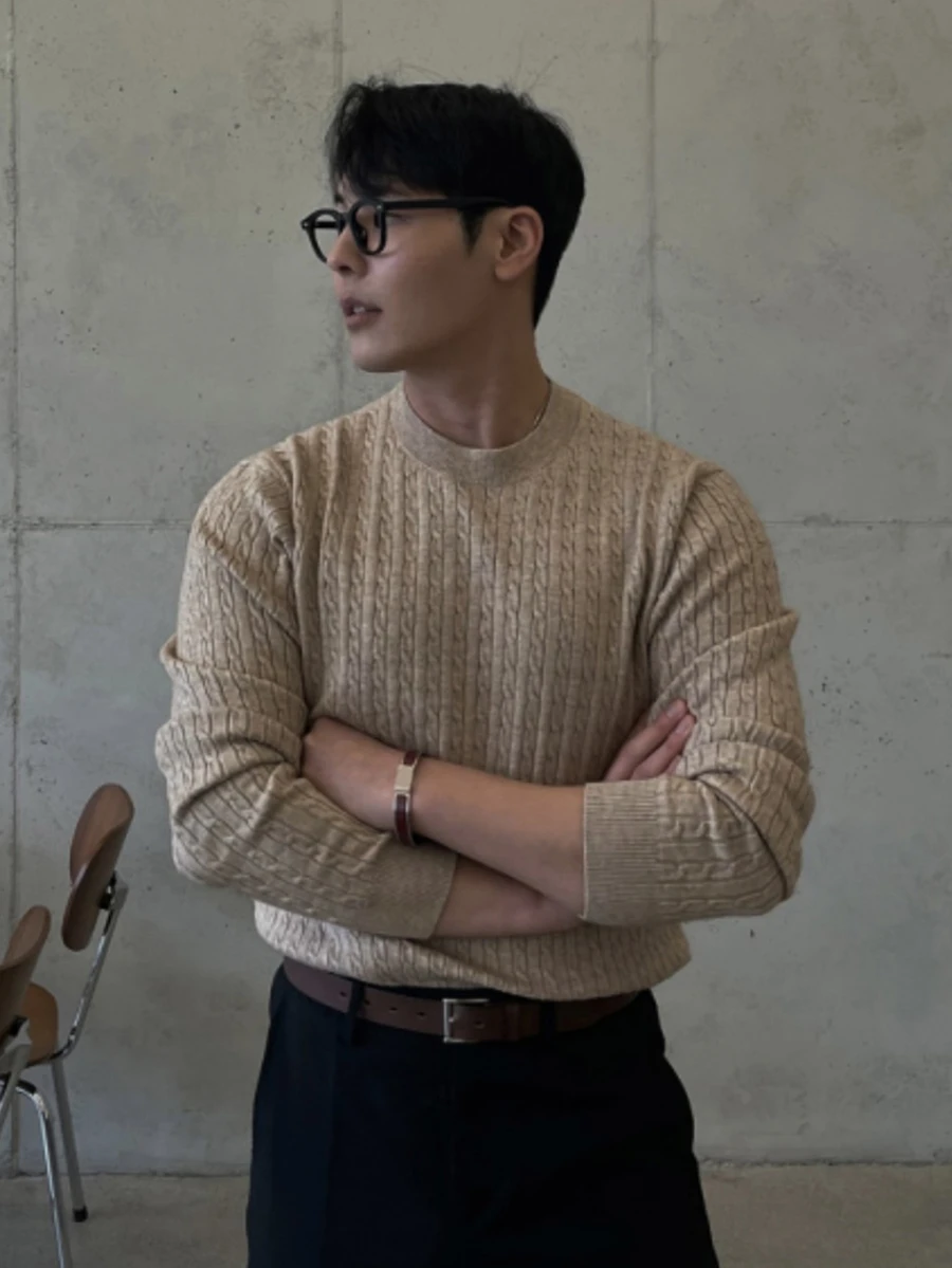 DAZY Autumn/Winter Khaki Cable Knit Fitted Crew Neck Ribbed Cuff & Hem Korean Style Men's Sweater - Khaki - View 1