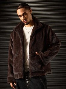 ROMWE MEN Men's Coffee Faux Fur Zipper Stand Collar Jacket - Coffee Brown - View 4