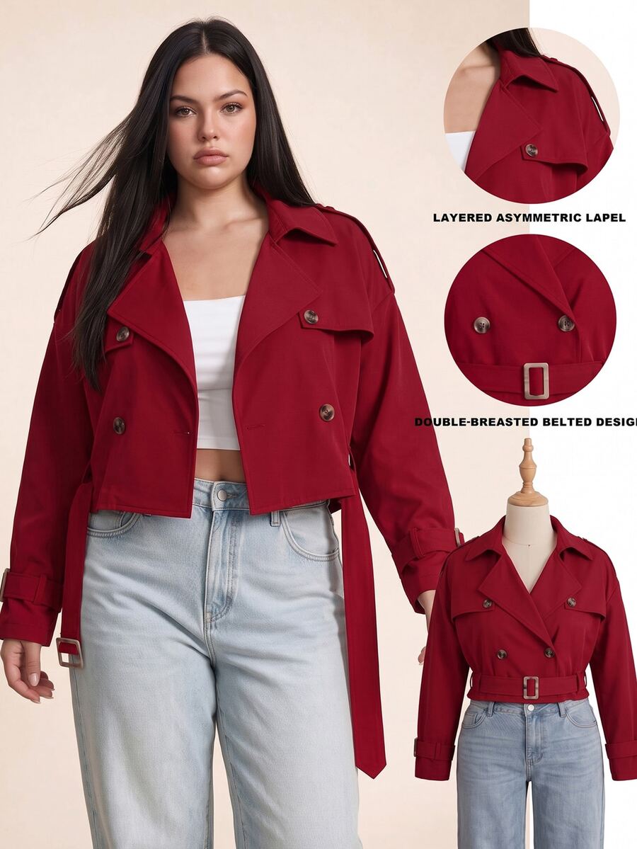 Comfortcana Plus Size Cropped Black Vintage Lapel Trench Coat Jacket - Burgundy - View 1