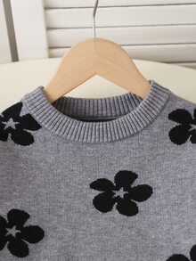 SHEIN 灰色花卉女孩針織套裝，女孩圓領毛衣與寬腿褲2件套，歐美媽媽喜愛，適合外出與聚會 - 灰色 - 查看 3