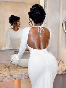 BamGleam Feather Cuff Long Sleeve Bodycon High-End Elastic Long White Base Layer Dress - White - View 1