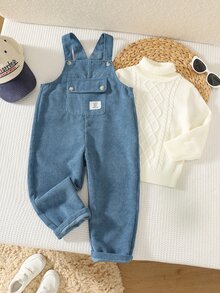 SHEIN 兒童小男孩秋季新品簡約休閒時尚燈芯絨牛仔吊帶褲連身褲，適合秋冬穿著 - 藍色 - 查看 1