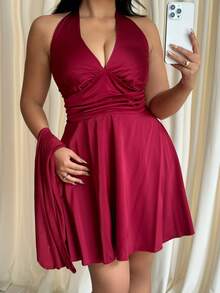 GalTyme Plus Size Women Solid Color Asymmetrical Shoulder Top And Halter Neck Dress Elegant 2 Pieces Set - Burgundy - View 4