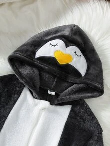 Boys Grey & White Double-Sided Flannel Colorblock Penguin Embroidered Long Sleeve Long Hooded Fleece Jumpsuit Loungewear Set - Dark Grey - View 5