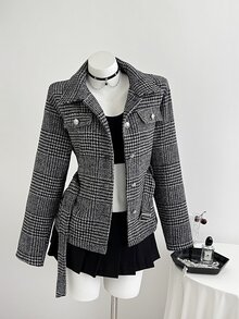 Elamini Jaket Pendek Wol Vintage Wanita Musim Gugur/Dingin - Hitam - View 5