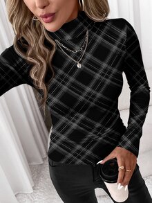 SHEIN Clasi Casual Minimalist Grey Plaid Print Pattern Plus Size Women's High Neck Base Layer T-Shirt, Halloween, Christmas - Multicolor - View 3