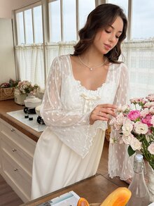 Snug Reverie French Lace Jacquard Long Sleeve Fresh Square Neck Embroidered Lace Trim Bow Mid-Length Women's Nightgown - Apricot - View 5