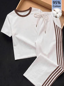 Tseoso 女款兩件套，全幅印花圖案，對比領設計，條紋長褲，時尚經典，棕色與白色，低調百搭，街頭穿搭，咖啡廳休閒氛圍，四季通用現代都市時尚商務辦公通勤機場穿搭，靜奢優雅 - 彩色 - 查看 5