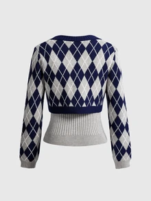Sweetness Autumn/Winter Sweet Girl Plaid Knit Vest And Cardigan With Bowknot Women's Sweater 2 Pieces Set - Multicolor - View 2