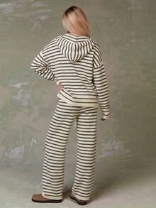 Athîral Women's Casual Hooded Sweatshirt And Striped Knit Pants 2 Pieces Set - Apricot - View 2