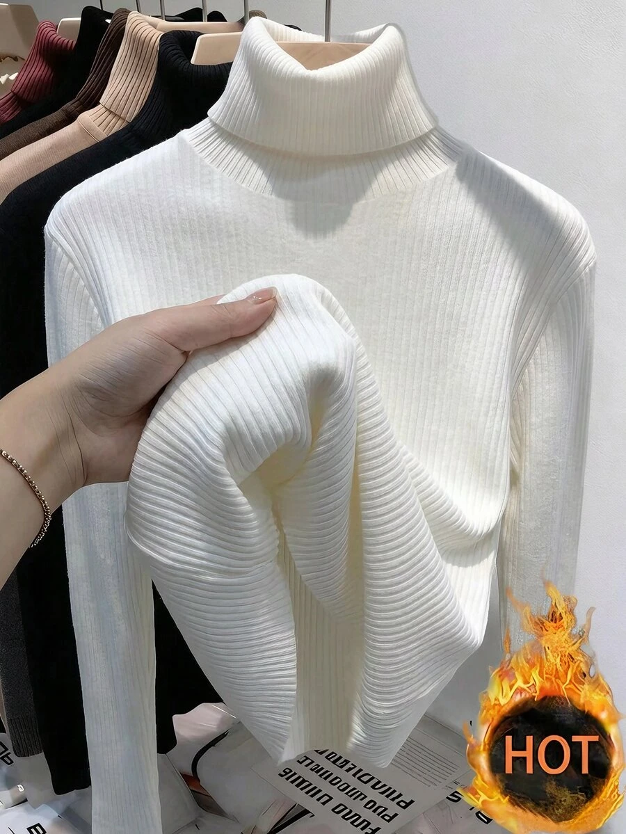 SHEIN Franclia 新款冬季保暖內裡百搭圓領長袖女款T恤 - 杏色 - 查看 1