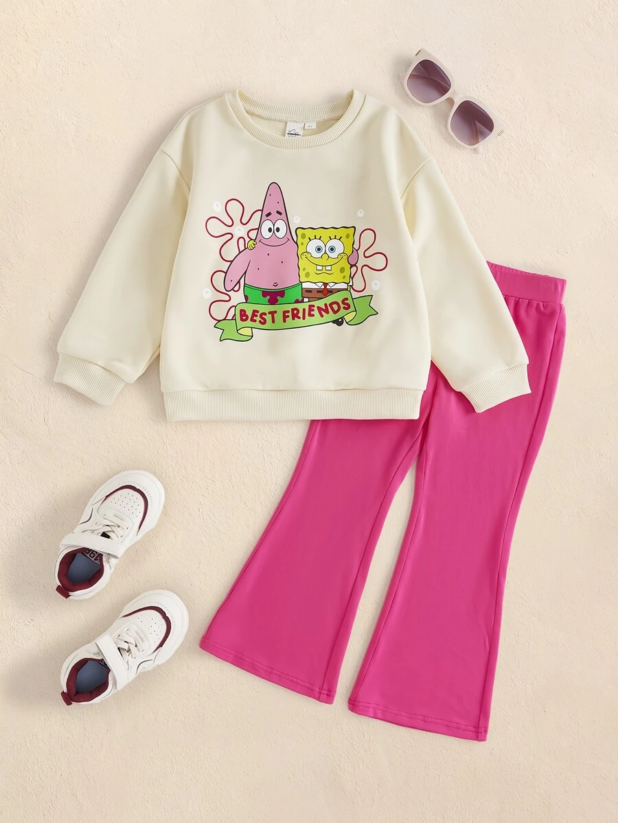 SpongeBob SquarePants | SHEIN Young Girl Crew Neck Long Sleeve Cartoon Print Sweatshirt And Solid Color Pants Set - Multicolor - View 1