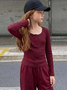 DAZY Tween Girl) Red Fitted Long Sleeve Half-Placket Inner Layer Crew Neck T-Shirt, Autumn - Burgundy - View 1