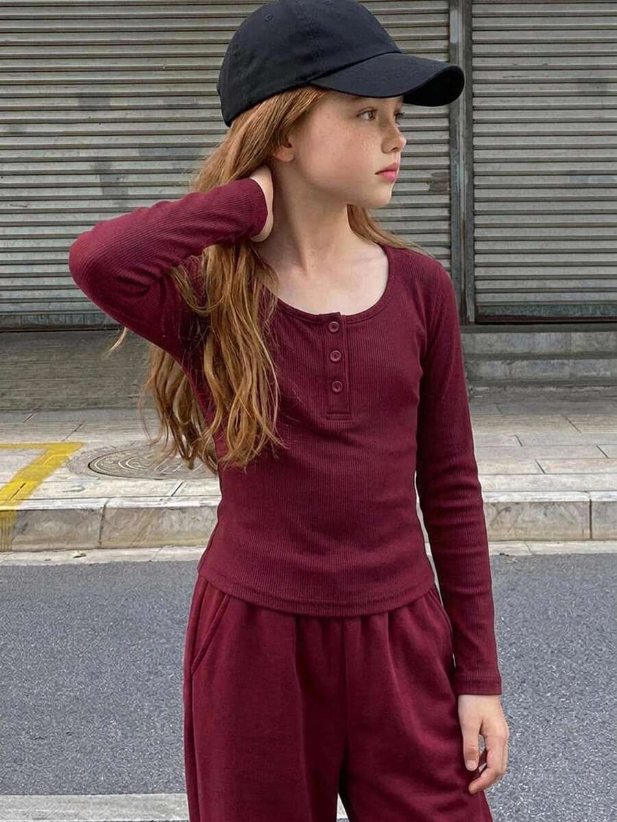 DAZY Tween Girl) Red Fitted Long Sleeve Half-Placket Inner Layer Crew Neck T-Shirt, Autumn - Burgundy - View 1