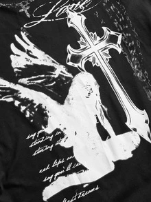 ROMWE Grunge Punk Punk Rock Plus Size Women's Cold Shoulder T-Shirt, Cross & Wings Print Asymmetrical Drawstring Design, Punk Music Festival Top - Grey - View 3
