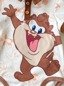 LOONEY TUNES X SHEIN Baby Boy Cute Casual Knit Colorblock Cartoon Pattern Collared Bodysuit - Beige - View 3