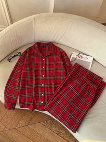 SHEIN EZwear 大尺碼女款格紋長袖單排扣襯衫與長褲休閒兩件套 秋季聖誕 - 彩色 - 查看 7