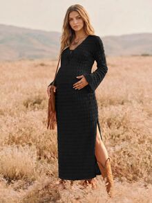 Boho Mama Gaun Hamil Polos Warna Polos dengan Ikatan Depan, Leher V, Lengan Lebar, dan Belahan Samping, Model Kasual untuk Musim Gugur - Hitam - View 3