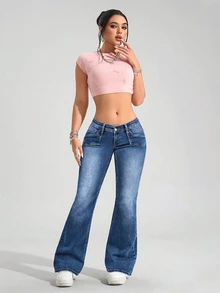 Jeanoix Y2K Casual Fashion Slim Fit Flare Leg Plus Size Denim Jeans - Dark Wash - View 3