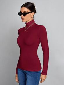 SHEIN Tall Simple Solid Color Slim High Collar White Top Suitable For Autumn And Winter - Burgundy - View 5