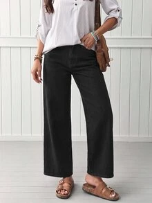 EMERY ROSE Quần jean denim nữ ống đứng dáng rộng, phong cách thường ngày đa năng, có túi - màu đen - Xem 7