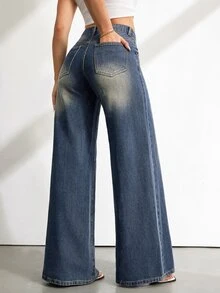 SHEIN Tall جينز نسائي فضفاض متعدد الاستخدامات بأزرار وجيوب - أزرق متوسط - مشاهدة 9