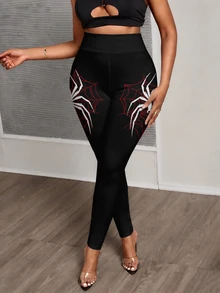 Slaydiva Plus Size Women Spider Print Black Leggings Halloween - Multicolor - View 4