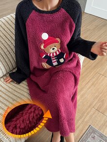DAZY Women's Autumn/Winter Coral Fleece Cute Bear Pattern Colorblock Raglan Sleeve T-Shirt Dress Nightgown - Red - View 3