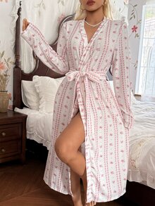 CottageSlumber Soft Pink Floral & Vertical Stripe V-Neck Tie Waist Long Loose Lazy Bathrobe - Pink - View 3