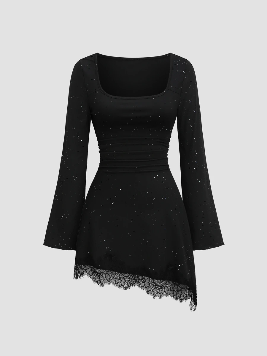 Sweetra Knitted Square Neck Lace Trim Asymmetrical Hem Dress - Black - View 1