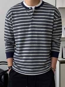 DAZY Men's Brown & Blue Striped Fabric Crew Neck Half-Button Front Ribbed Cuff T-Shirt, Spring/Autumn - Navy Blue - View 5