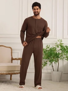 DAZY Men's Solid Color Crew Neck Long Sleeve Top & Long Pants Loungewear Set - Coffee Brown - View 3